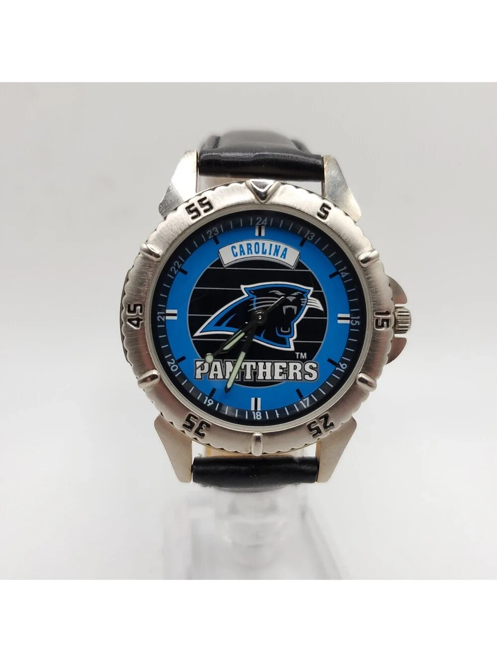 Vintage Fossil 1997 Carolina Panthers Watch New Battery Balck Leather Band 38mm